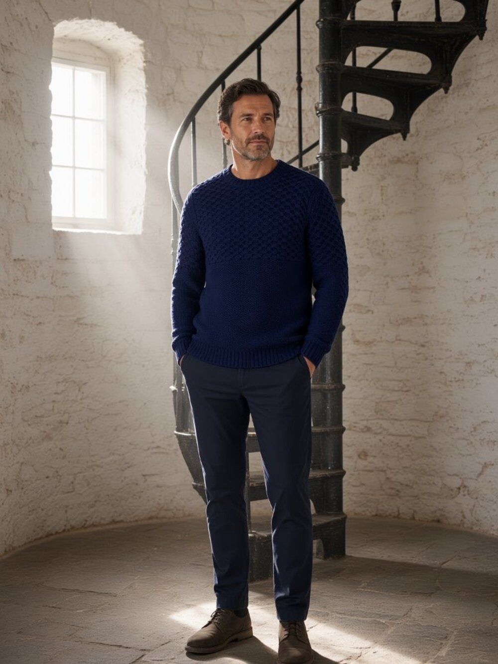 Dylan Gray Men Navy 100% Merino Wool Cabled Yoke Pullover Sweater Classic U.S. S